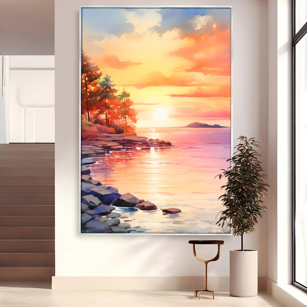 Tablou Canvas Premium LuxCanva® A1480, Picaturi De Apus , Living, Peisaj, Copaci, Stanci, Apa, Room, Culori Vibrante