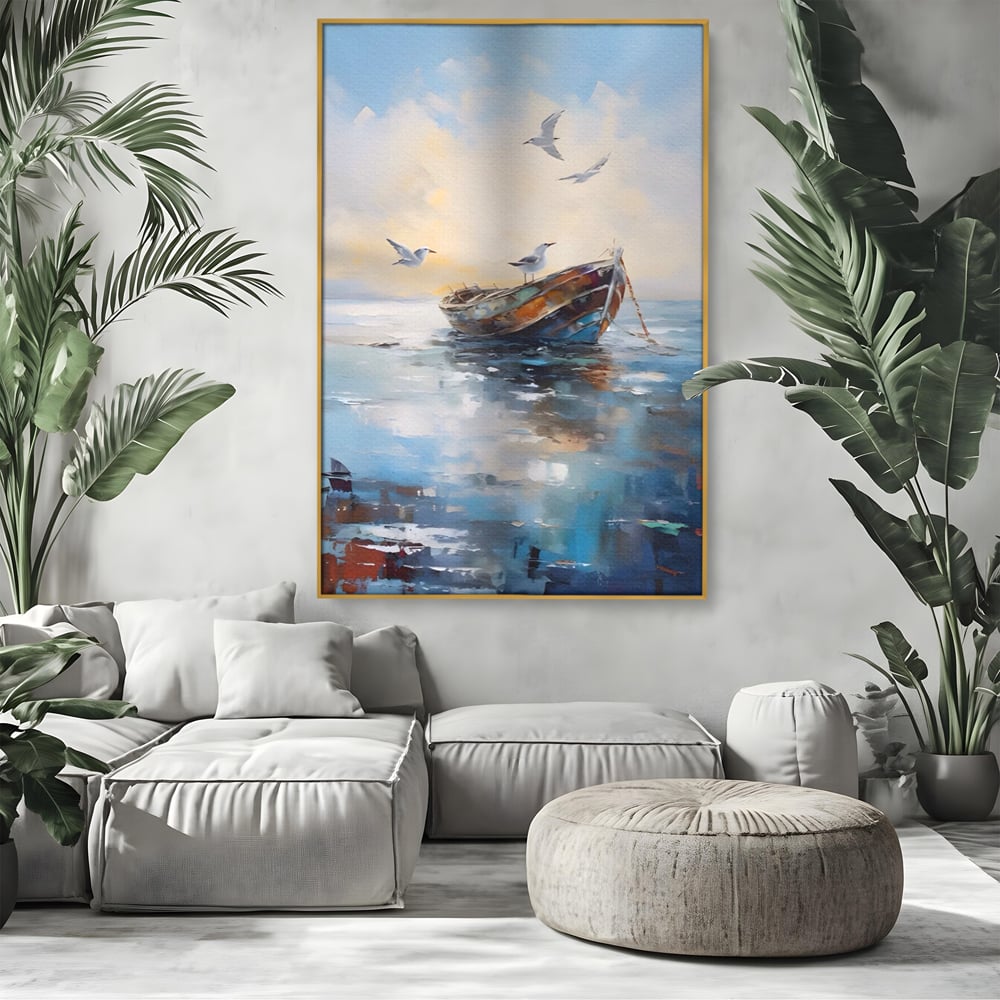 Tablou Canvas Premium LuxCanva® A1482, Pescarusul , Living, Barca, Mare, Pasari, Dormitor, Culori Vibrante