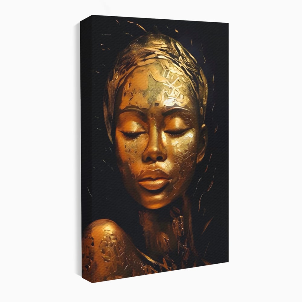 Tablou Canvas Premium LuxCanva® A1485, Lady African ,  Living, Femeie, Aur, Ciocolata, Visator, Dormitor, Culori Vibrante