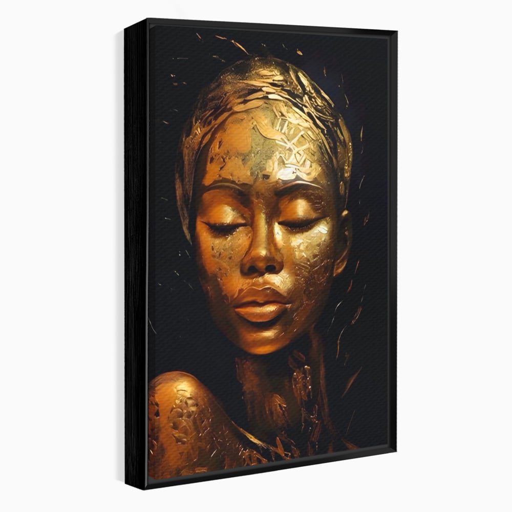 Tablou Canvas Premium LuxCanva® A1485, Lady African ,  Living, Femeie, Aur, Ciocolata, Visator, Dormitor, Culori Vibrante