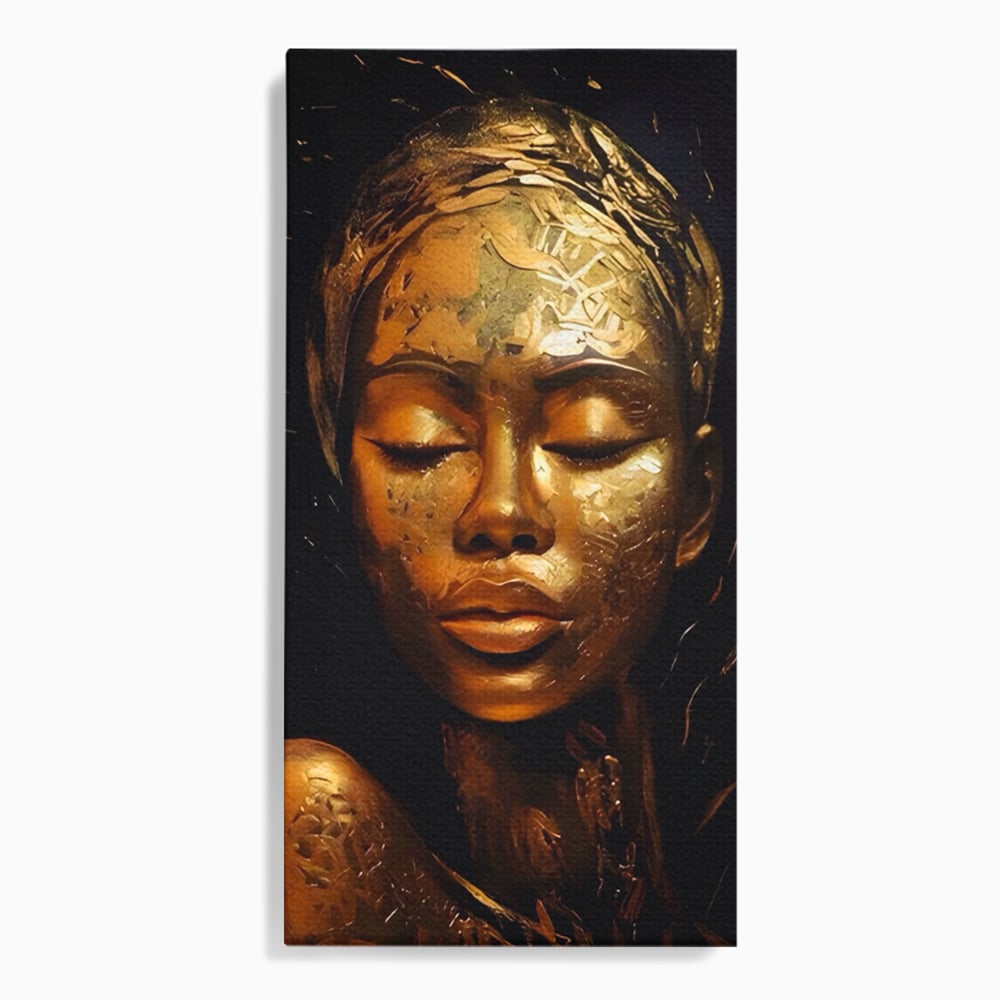 Tablou Canvas Premium LuxCanva® A1485, Lady African ,  Living, Femeie, Aur, Ciocolata, Visator, Dormitor, Culori Vibrante