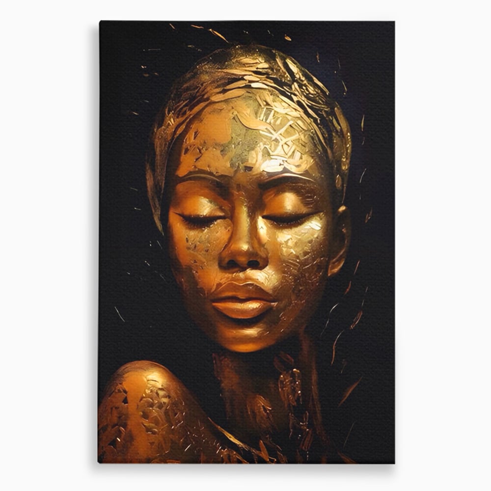 Tablou Canvas Premium LuxCanva® A1485, Lady African ,  Living, Femeie, Aur, Ciocolata, Visator, Dormitor, Culori Vibrante