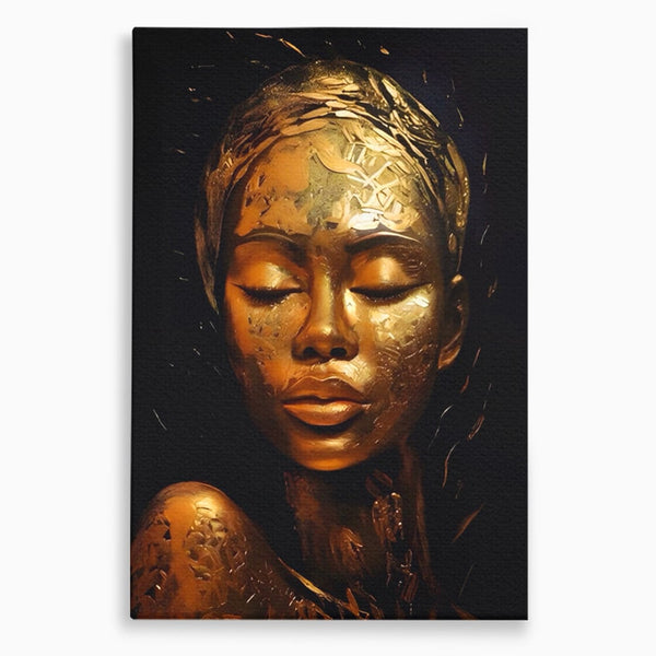 Tablou Canvas Premium LuxCanva® A1485, Lady African ,  Living, Femeie, Aur, Ciocolata, Visator, Dormitor, Culori Vibrante
