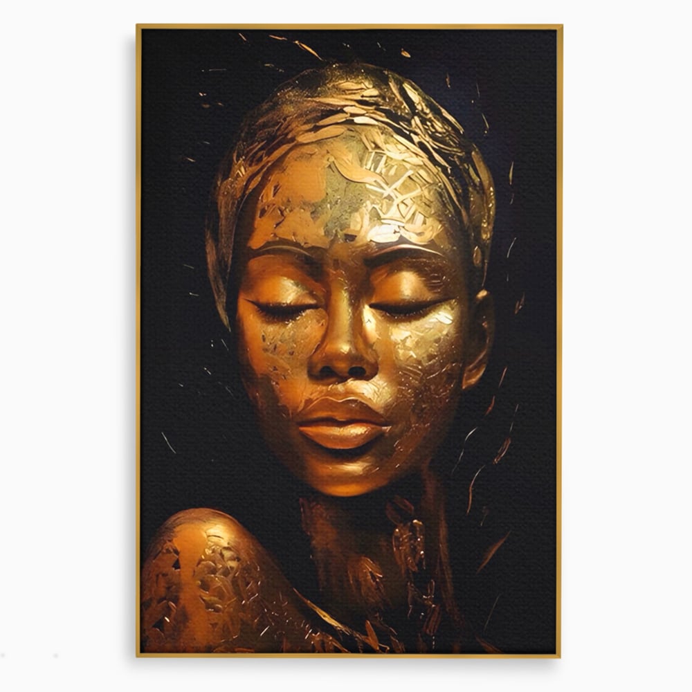 Tablou Canvas Premium LuxCanva® A1485, Lady African ,  Living, Femeie, Aur, Ciocolata, Visator, Dormitor, Culori Vibrante