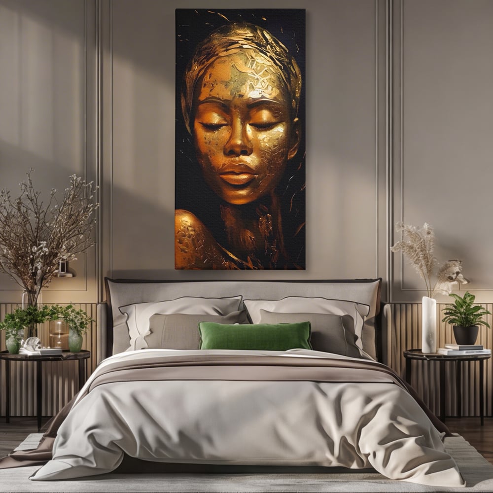 Tablou Canvas Premium LuxCanva® A1485, Lady African ,  Living, Femeie, Aur, Ciocolata, Visator, Dormitor, Culori Vibrante