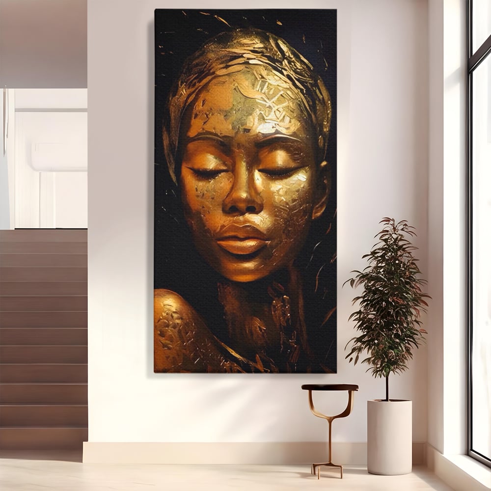 Tablou Canvas Premium LuxCanva® A1485, Lady African ,  Living, Femeie, Aur, Ciocolata, Visator, Dormitor, Culori Vibrante