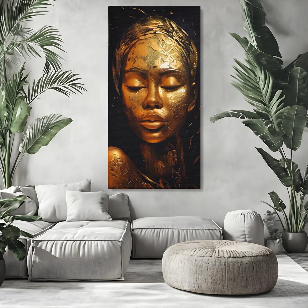 Tablou Canvas Premium LuxCanva® A1485, Lady African ,  Living, Femeie, Aur, Ciocolata, Visator, Dormitor, Culori Vibrante