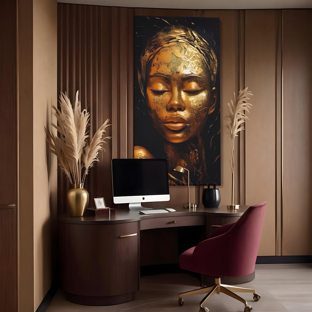 Tablou Canvas Premium LuxCanva® A1485, Lady African ,  Living, Femeie, Aur, Ciocolata, Visator, Dormitor, Culori Vibrante