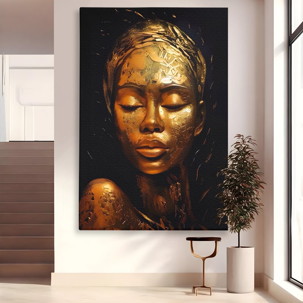 Tablou Canvas Premium LuxCanva® A1485, Lady African ,  Living, Femeie, Aur, Ciocolata, Visator, Dormitor, Culori Vibrante