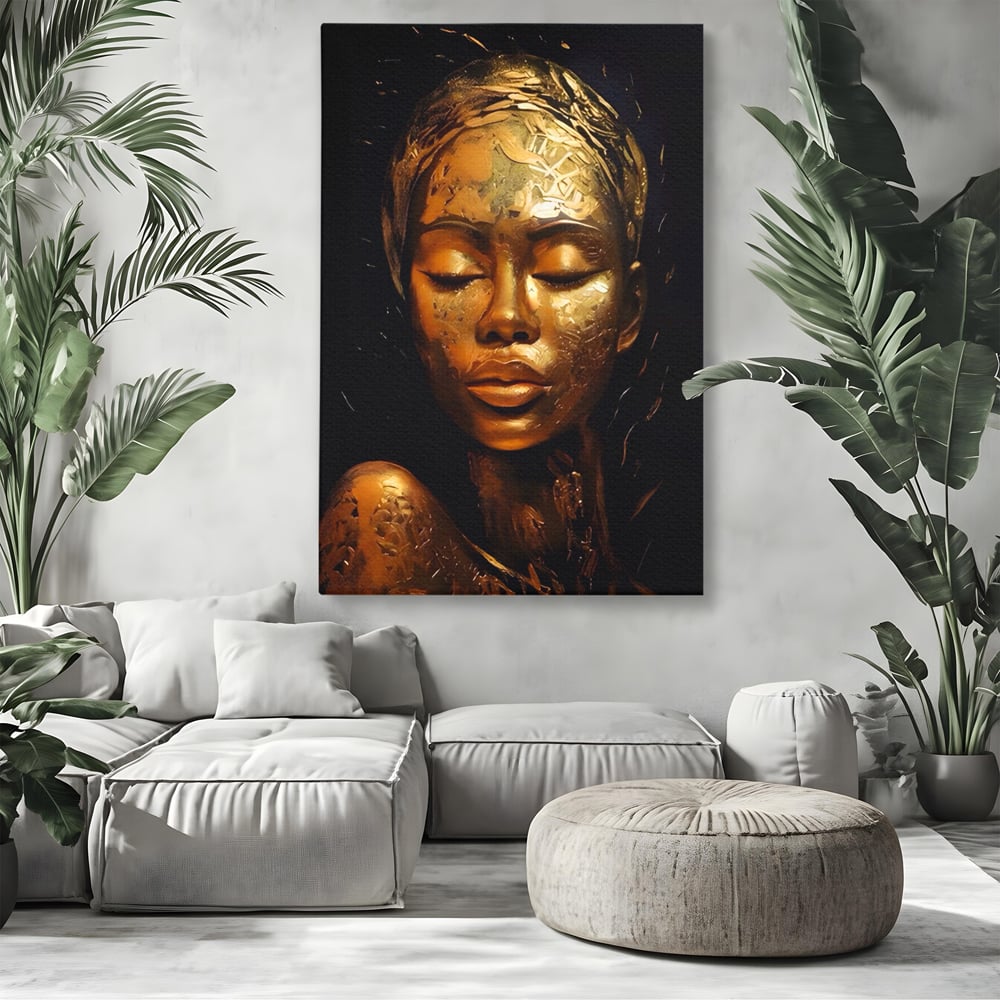 Tablou Canvas Premium LuxCanva® A1485, Lady African ,  Living, Femeie, Aur, Ciocolata, Visator, Dormitor, Culori Vibrante