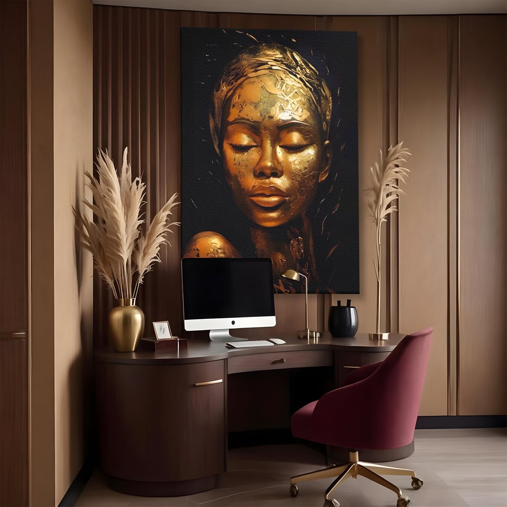Tablou Canvas Premium LuxCanva® A1485, Lady African ,  Living, Femeie, Aur, Ciocolata, Visator, Dormitor, Culori Vibrante