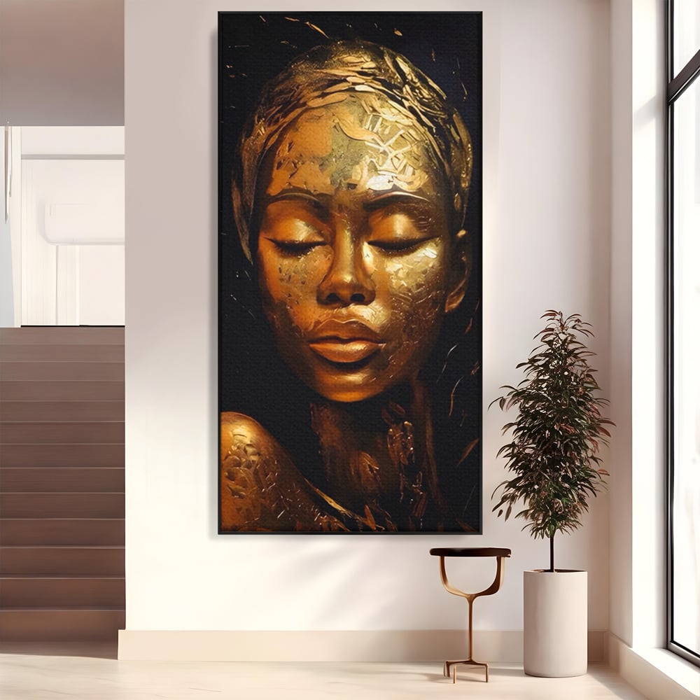 Tablou Canvas Premium LuxCanva® A1485, Lady African ,  Living, Femeie, Aur, Ciocolata, Visator, Dormitor, Culori Vibrante