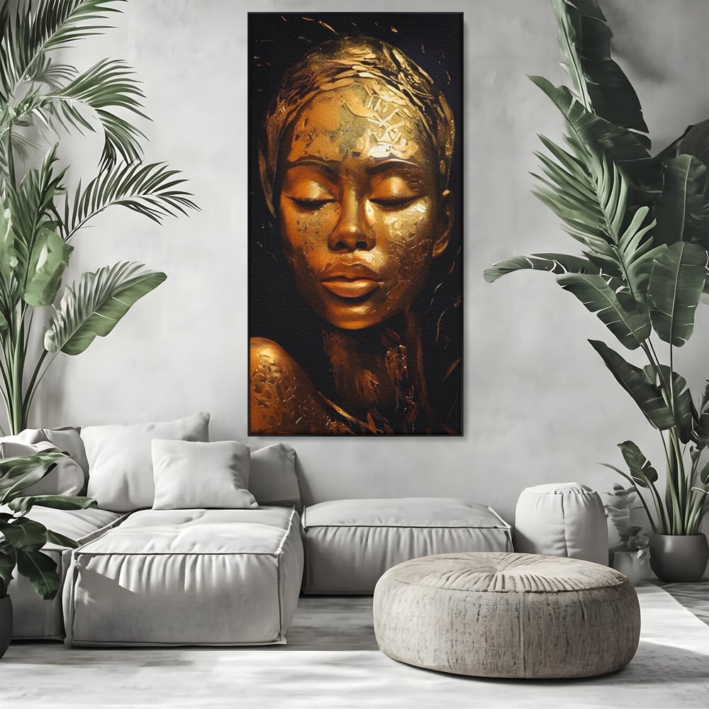 Tablou Canvas Premium LuxCanva® A1485, Lady African ,  Living, Femeie, Aur, Ciocolata, Visator, Dormitor, Culori Vibrante