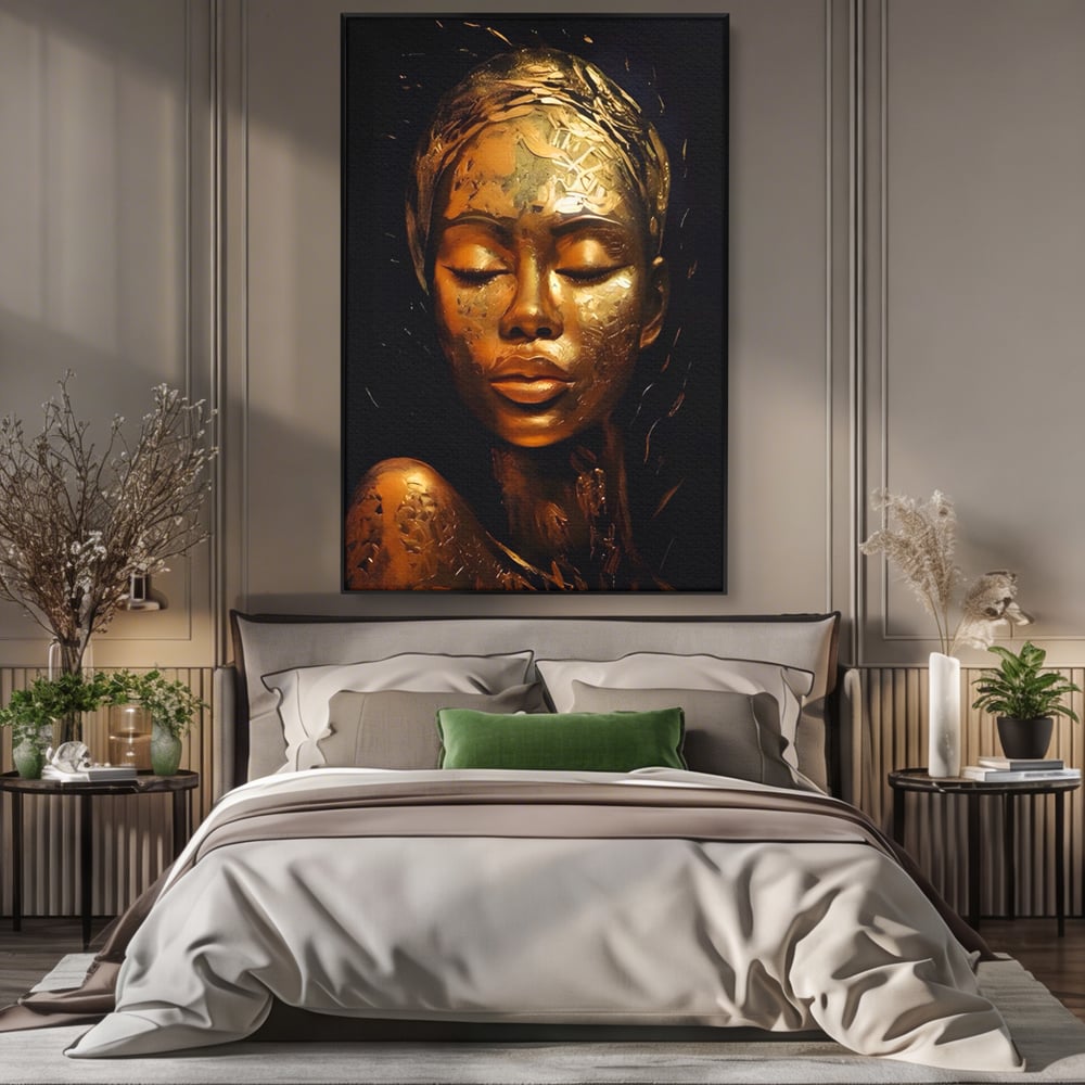 Tablou Canvas Premium LuxCanva® A1485, Lady African ,  Living, Femeie, Aur, Ciocolata, Visator, Dormitor, Culori Vibrante