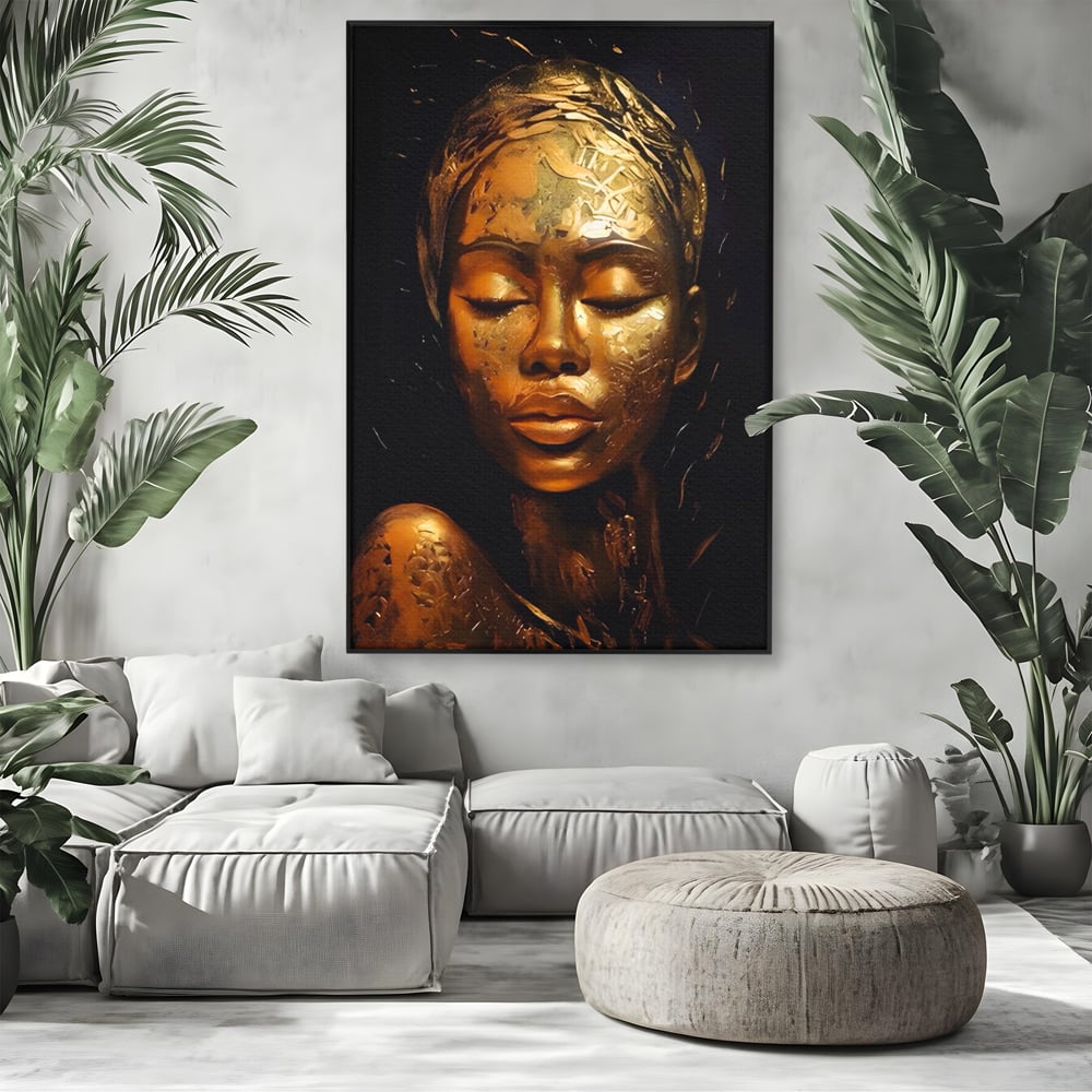 Tablou Canvas Premium LuxCanva® A1485, Lady African ,  Living, Femeie, Aur, Ciocolata, Visator, Dormitor, Culori Vibrante