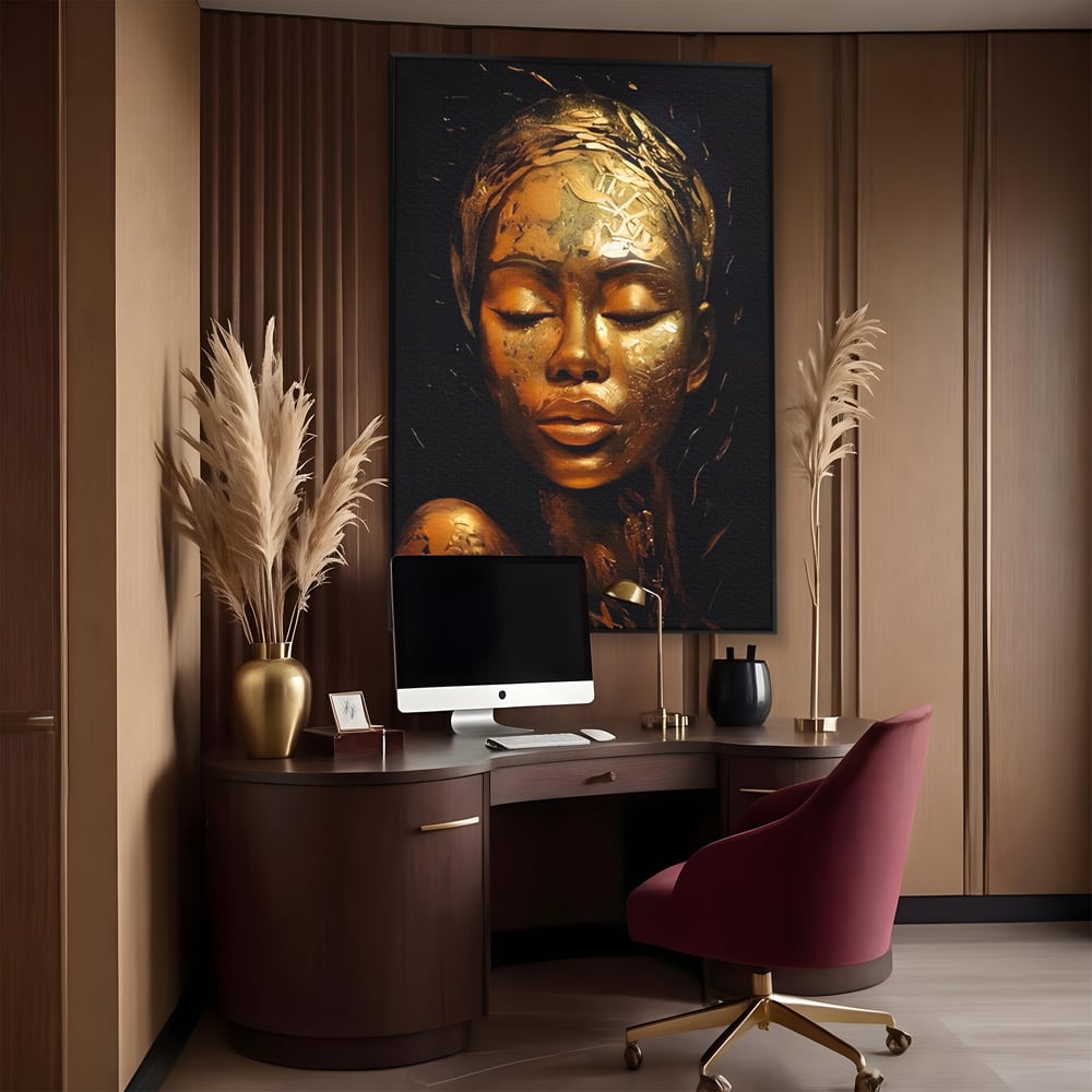 Tablou Canvas Premium LuxCanva® A1485, Lady African ,  Living, Femeie, Aur, Ciocolata, Visator, Dormitor, Culori Vibrante