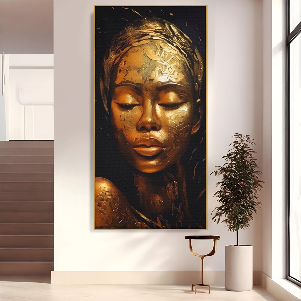 Tablou Canvas Premium LuxCanva® A1485, Lady African ,  Living, Femeie, Aur, Ciocolata, Visator, Dormitor, Culori Vibrante