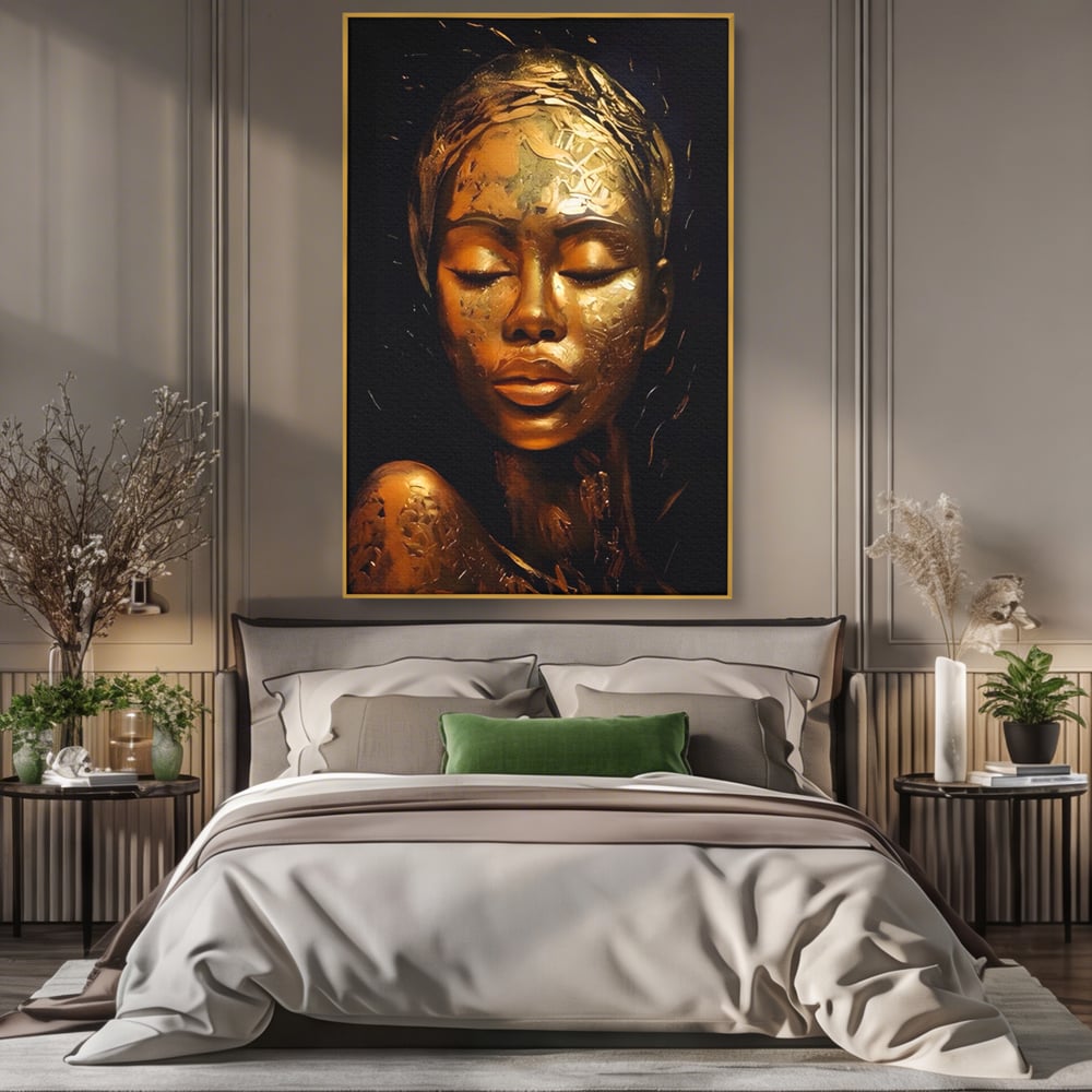 Tablou Canvas Premium LuxCanva® A1485, Lady African ,  Living, Femeie, Aur, Ciocolata, Visator, Dormitor, Culori Vibrante