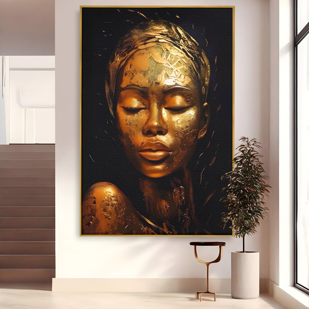 Tablou Canvas Premium LuxCanva® A1485, Lady African ,  Living, Femeie, Aur, Ciocolata, Visator, Dormitor, Culori Vibrante
