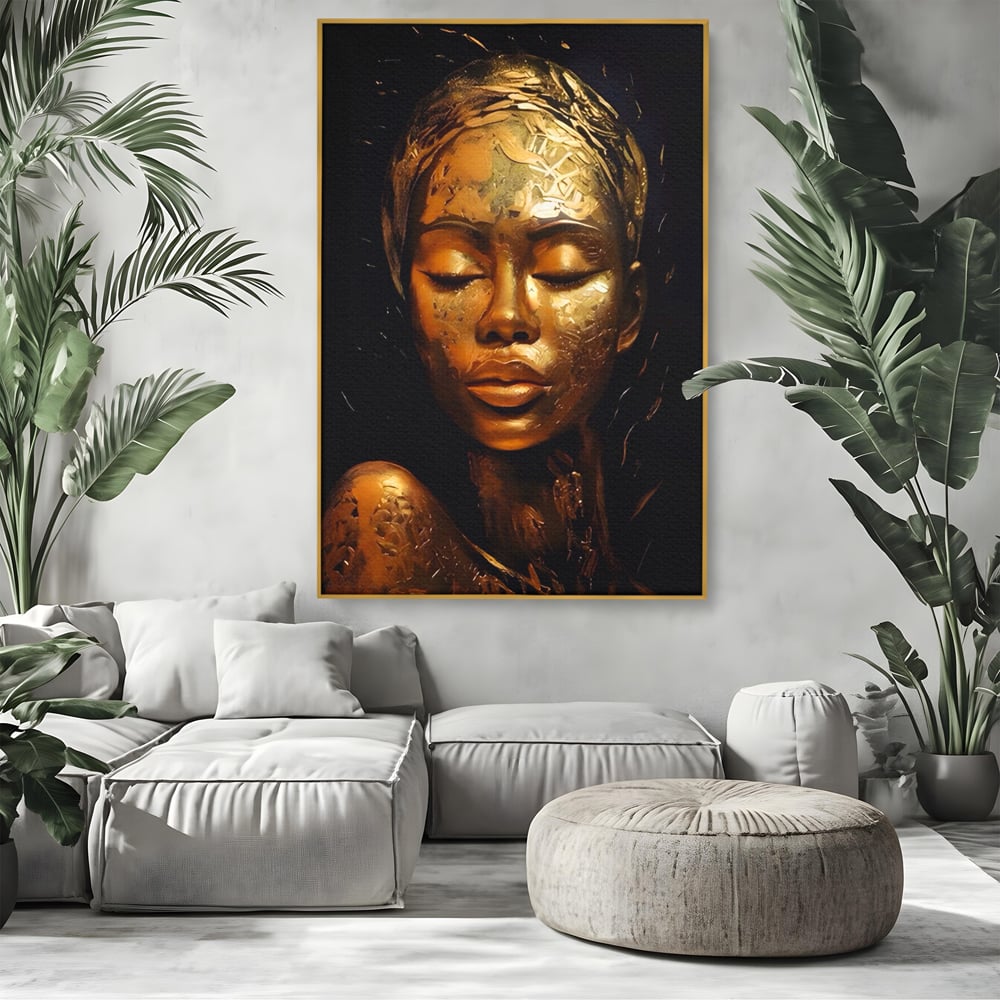 Tablou Canvas Premium LuxCanva® A1485, Lady African ,  Living, Femeie, Aur, Ciocolata, Visator, Dormitor, Culori Vibrante