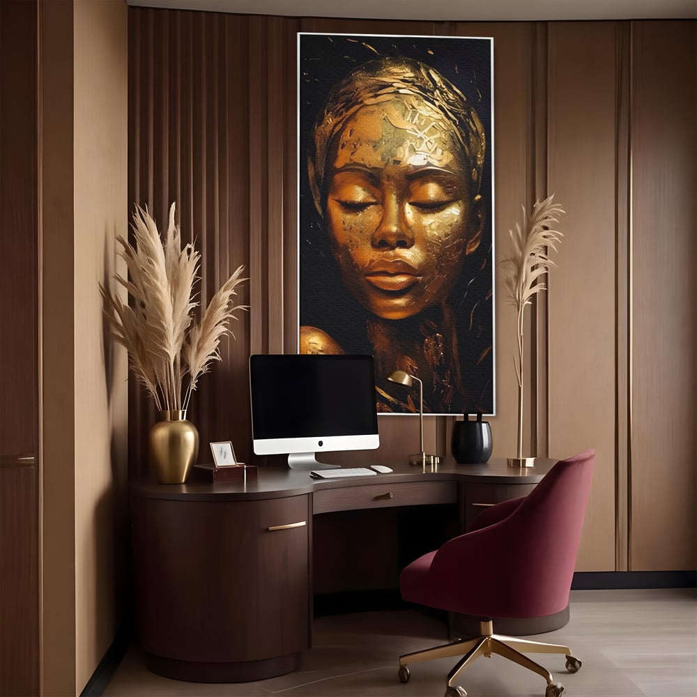 Tablou Canvas Premium LuxCanva® A1485, Lady African ,  Living, Femeie, Aur, Ciocolata, Visator, Dormitor, Culori Vibrante