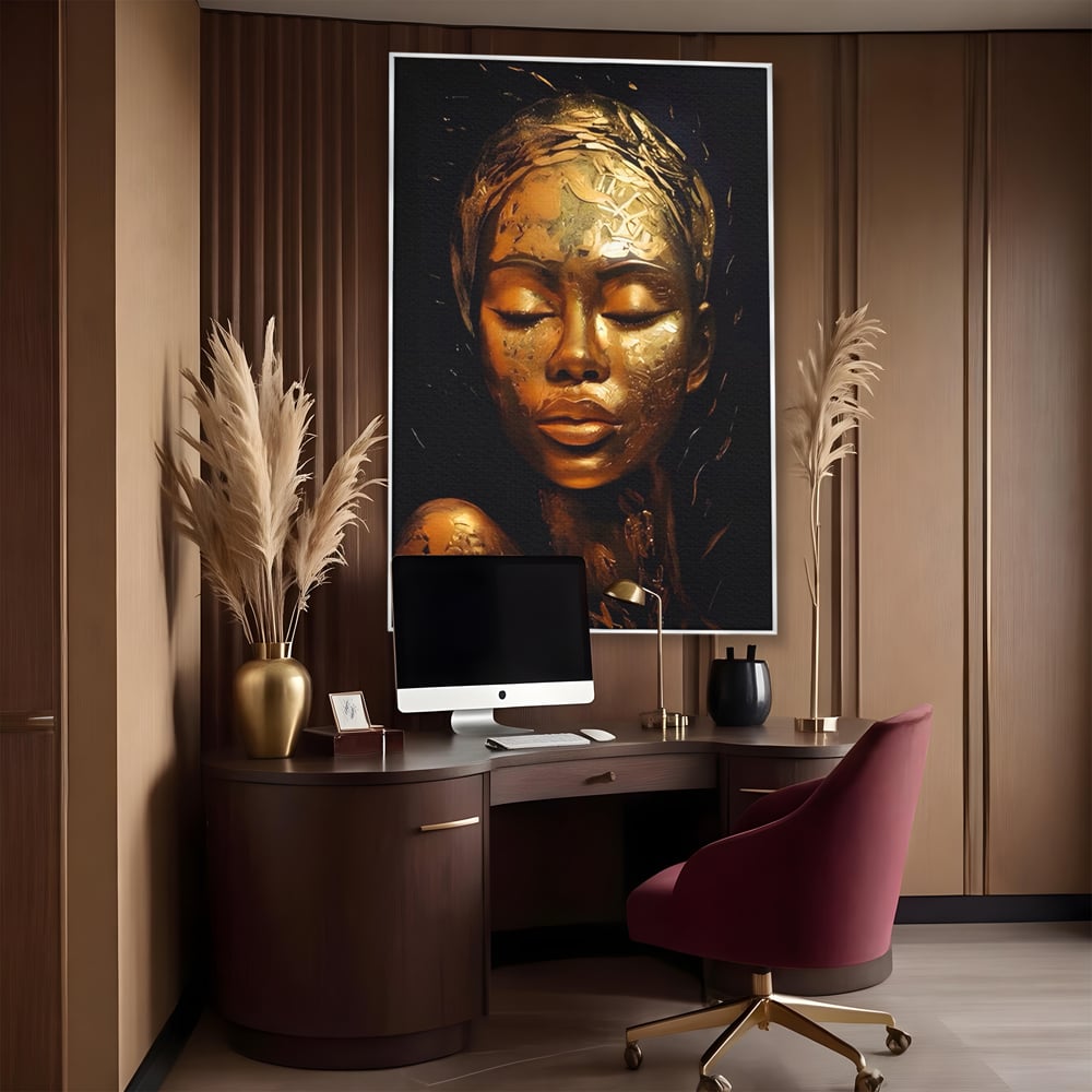 Tablou Canvas Premium LuxCanva® A1485, Lady African ,  Living, Femeie, Aur, Ciocolata, Visator, Dormitor, Culori Vibrante