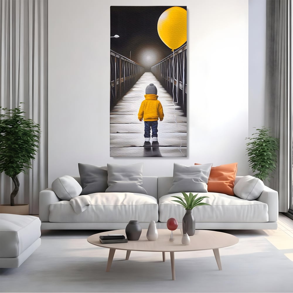 Tablou Canvas Premium LuxCanva® A1487, Single Children , Living, Copil, Balon, Galben, Pod, Dormitor, Culori Vibrante
