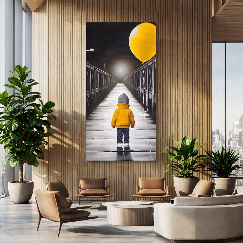 Tablou Canvas Premium LuxCanva® A1487, Single Children , Living, Copil, Balon, Galben, Pod, Dormitor, Culori Vibrante