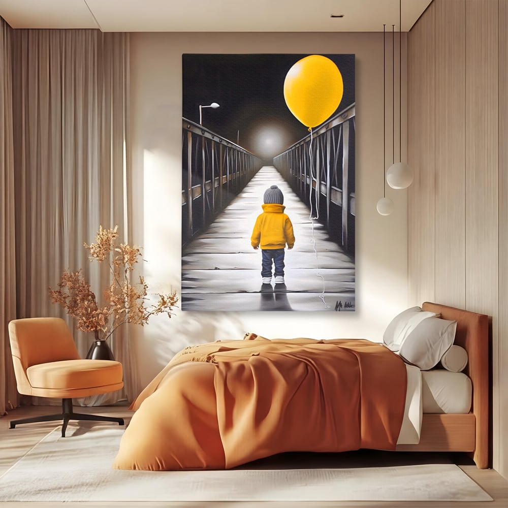 Tablou Canvas Premium LuxCanva® A1487, Single Children , Living, Copil, Balon, Galben, Pod, Dormitor, Culori Vibrante