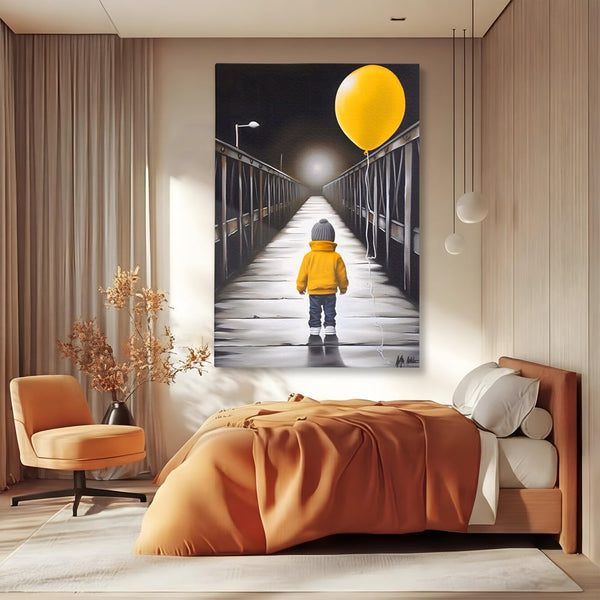 Tablou Canvas Premium LuxCanva® A1487, Single Children , Living, Copil, Balon, Galben, Pod, Dormitor, Culori Vibrante