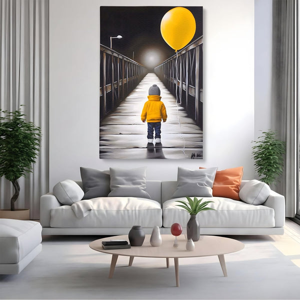 Tablou Canvas Premium LuxCanva® A1487, Single Children , Living, Copil, Balon, Galben, Pod, Dormitor, Culori Vibrante