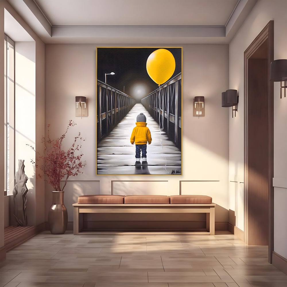 Tablou Canvas Premium LuxCanva® A1487, Single Children , Living, Copil, Balon, Galben, Pod, Dormitor, Culori Vibrante