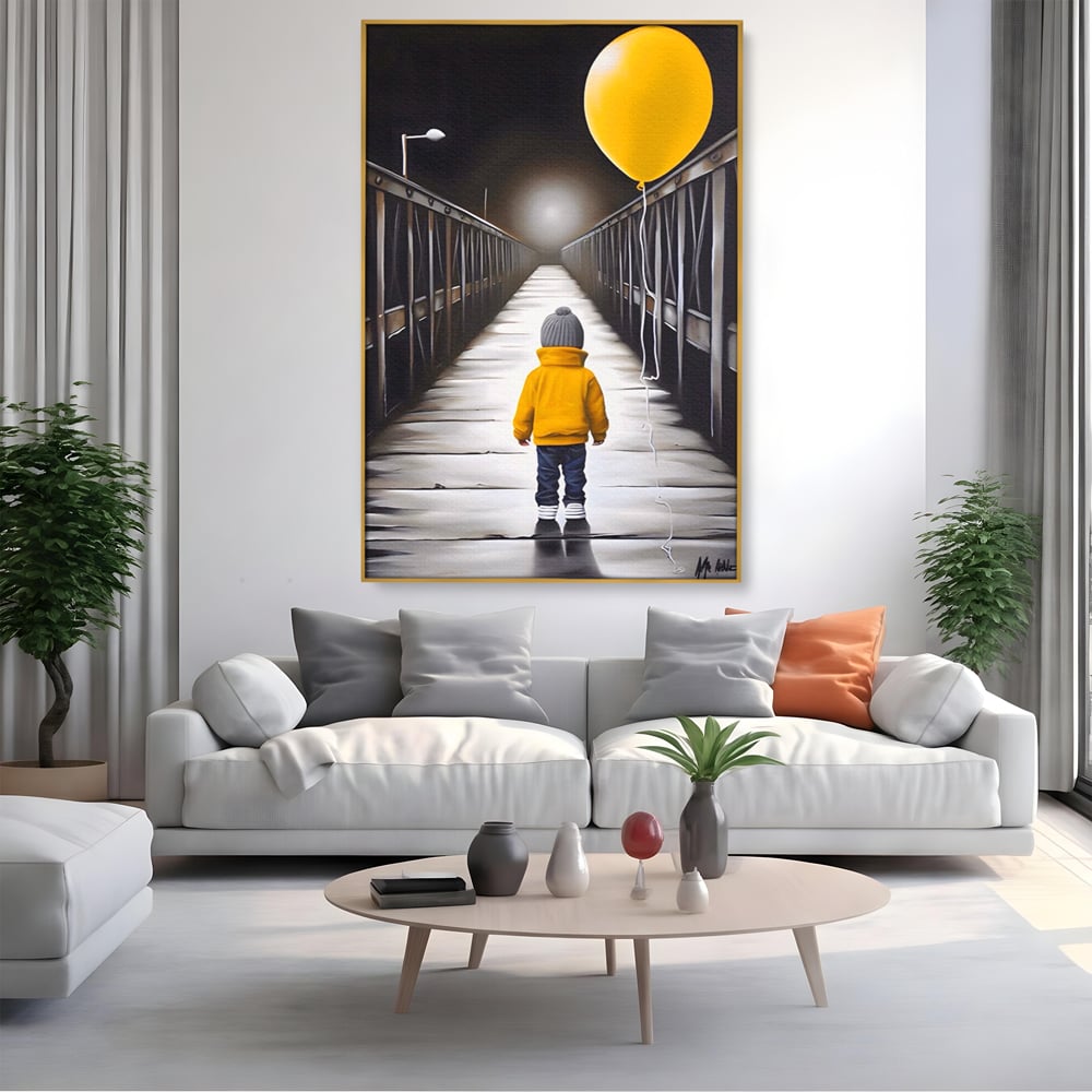 Tablou Canvas Premium LuxCanva® A1487, Single Children , Living, Copil, Balon, Galben, Pod, Dormitor, Culori Vibrante