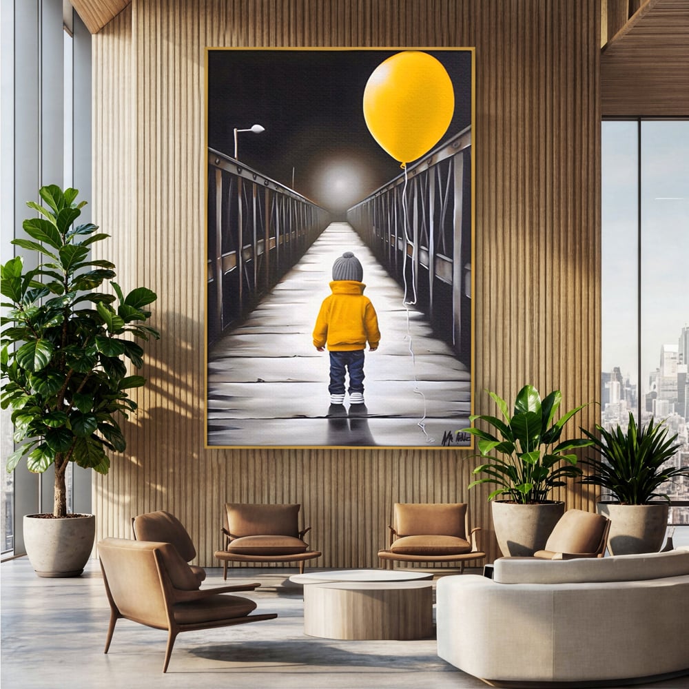 Tablou Canvas Premium LuxCanva® A1487, Single Children , Living, Copil, Balon, Galben, Pod, Dormitor, Culori Vibrante