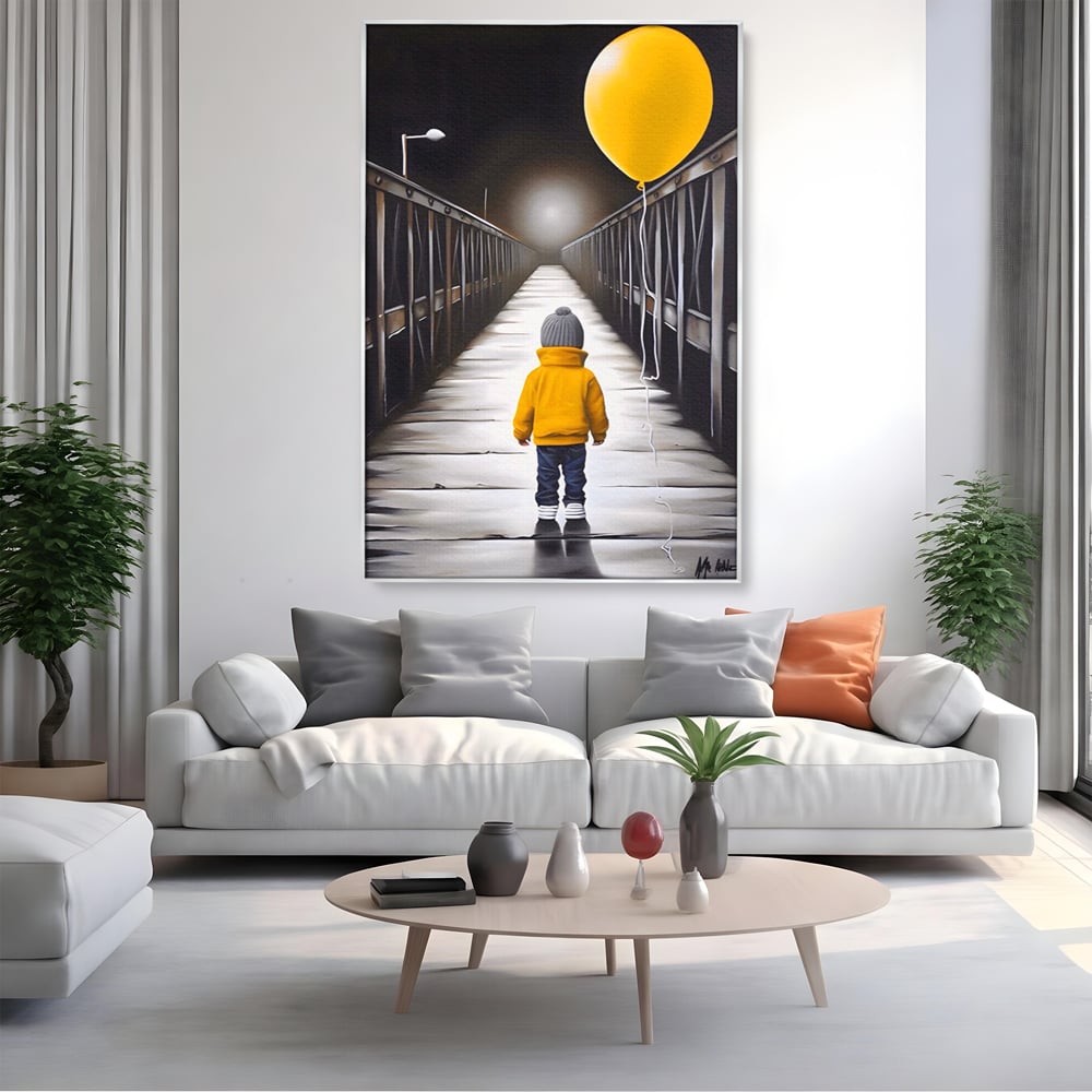 Tablou Canvas Premium LuxCanva® A1487, Single Children , Living, Copil, Balon, Galben, Pod, Dormitor, Culori Vibrante