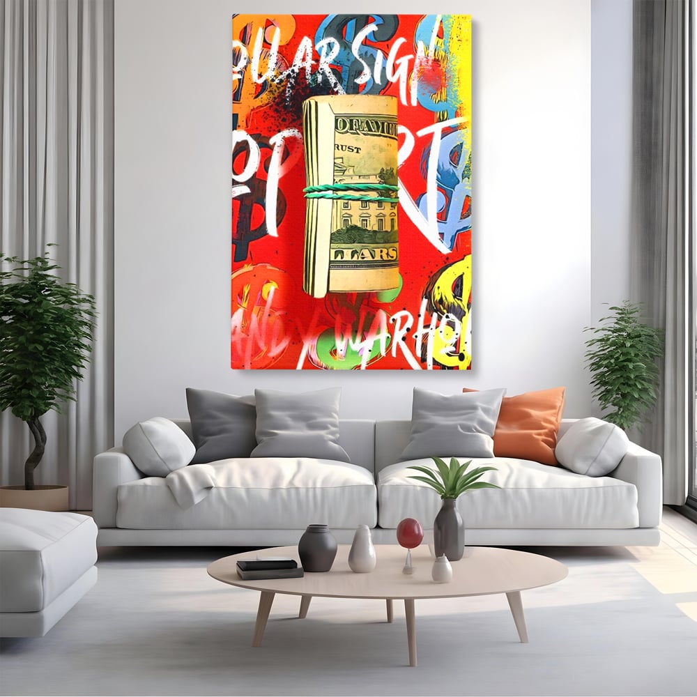 Tablou Canvas Premium LuxCanva® A1489, Graffiti Dollar , Room, Bani, Cash, Culori, Dormitor, Culori Vibrante