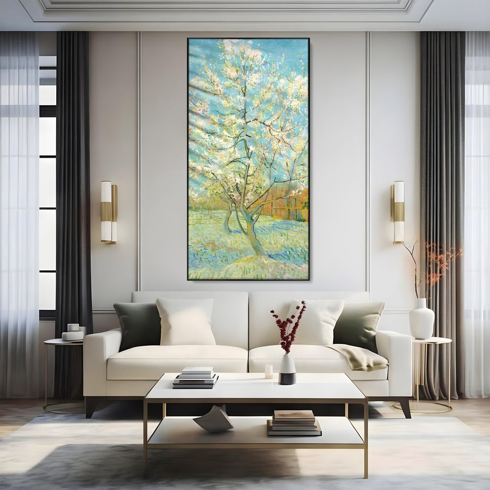 Leinwand Wandbilder Premium LuxCanva® A1497, Rosa Pfirsich, Zimmer, Baum, Blumen, Van Gogh, Gemälde, Wohnen, lebendige Farben
