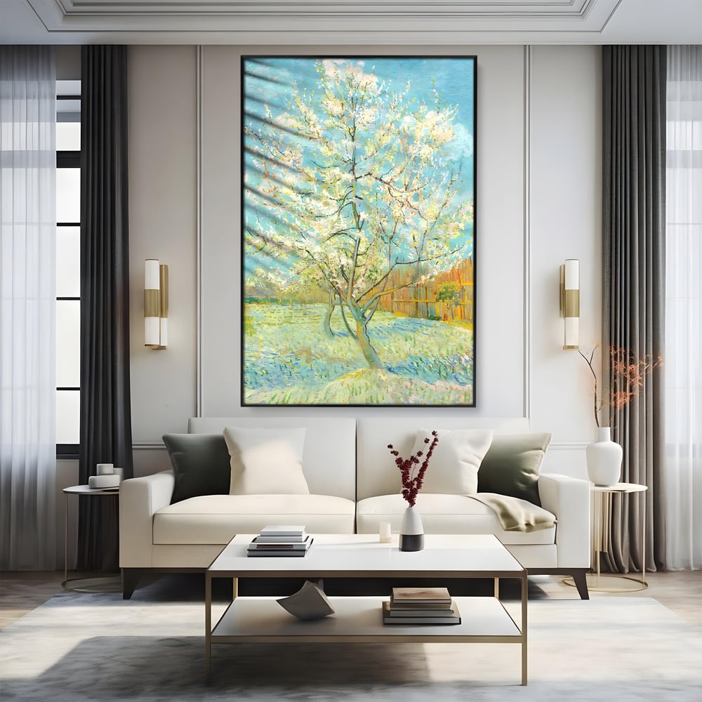Leinwand Wandbilder Premium LuxCanva® A1497, Rosa Pfirsich, Zimmer, Baum, Blumen, Van Gogh, Gemälde, Wohnen, lebendige Farben