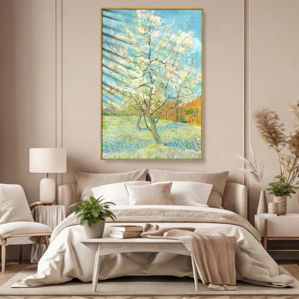 Leinwand Wandbilder Premium LuxCanva® A1497, Rosa Pfirsich, Zimmer, Baum, Blumen, Van Gogh, Gemälde, Wohnen, lebendige Farben