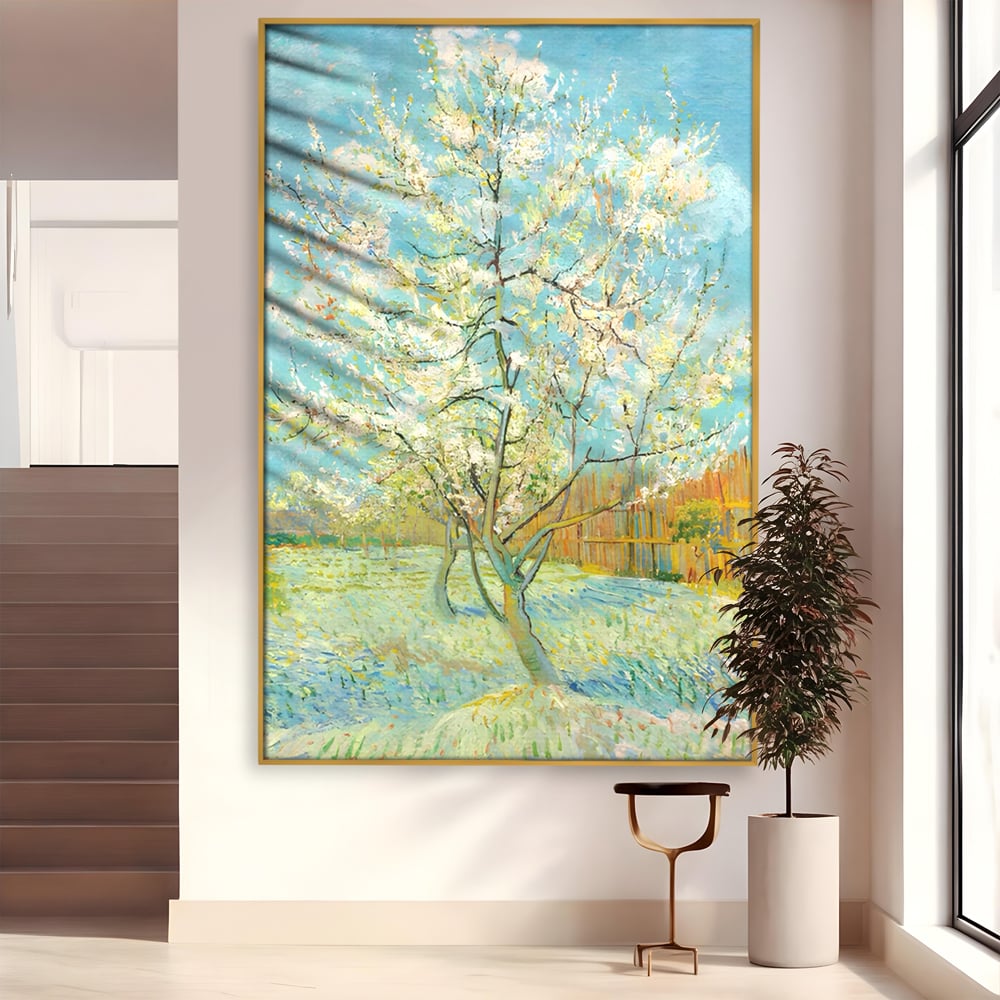 Leinwand Wandbilder Premium LuxCanva® A1497, Rosa Pfirsich, Zimmer, Baum, Blumen, Van Gogh, Gemälde, Wohnen, lebendige Farben