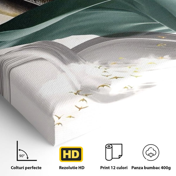 Tablou Canvas Premium LuxCanva® A1500, Green Leaf , Decorativ, Dormitor, Frunza, Pasari, Val, Living, Culori Vibrante