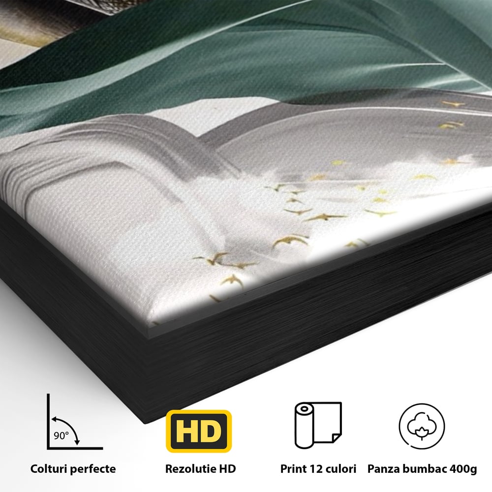 Tablou Canvas Premium LuxCanva® A1500, Green Leaf , Decorativ, Dormitor, Frunza, Pasari, Val, Living, Culori Vibrante