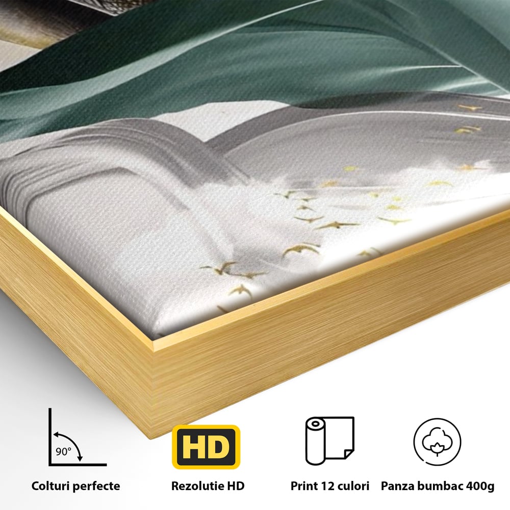 Tablou Canvas Premium LuxCanva® A1500, Green Leaf , Decorativ, Dormitor, Frunza, Pasari, Val, Living, Culori Vibrante