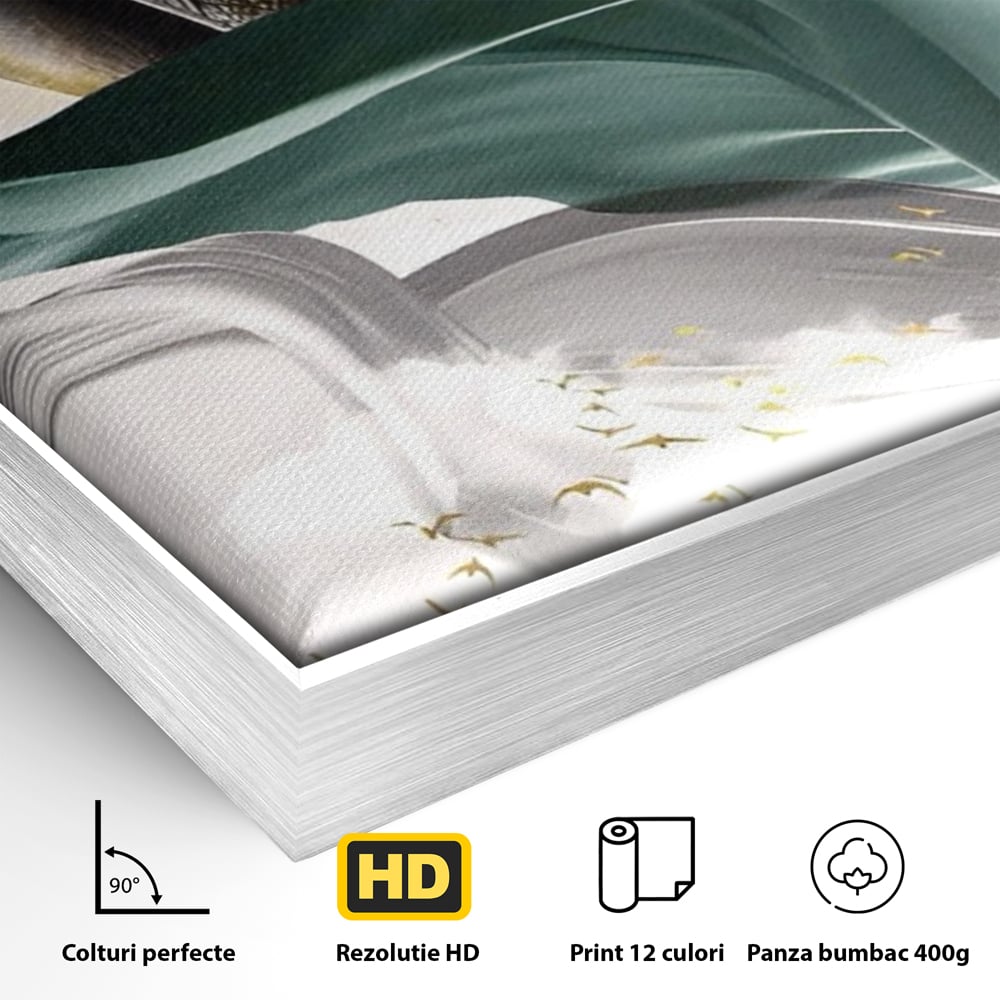 Tablou Canvas Premium LuxCanva® A1500, Green Leaf , Decorativ, Dormitor, Frunza, Pasari, Val, Living, Culori Vibrante