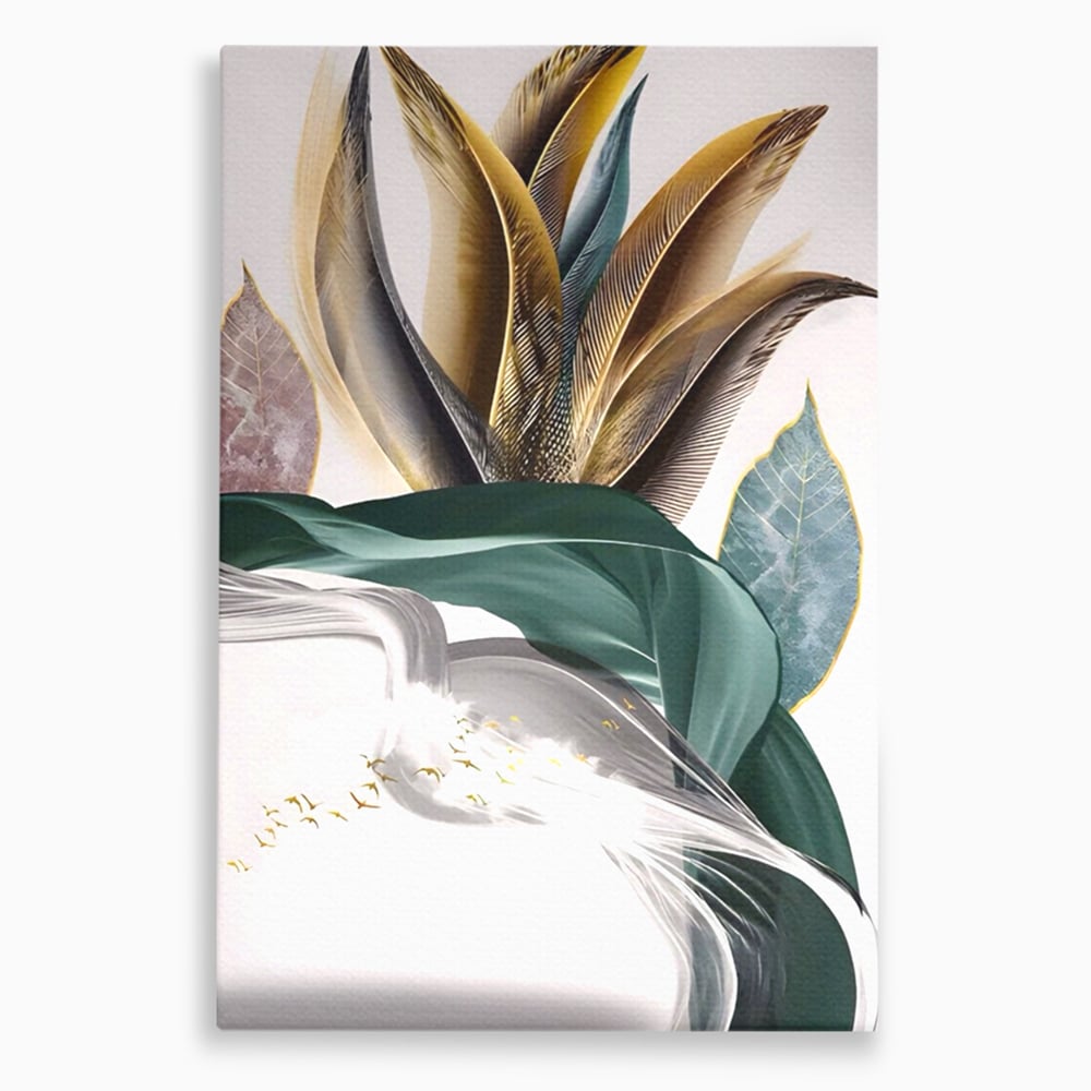 Tablou Canvas Premium LuxCanva® A1500, Green Leaf , Decorativ, Dormitor, Frunza, Pasari, Val, Living, Culori Vibrante