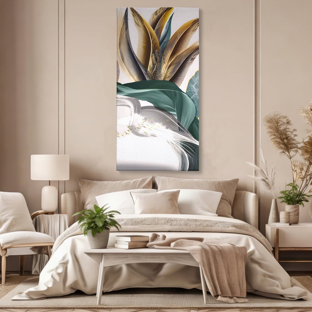 Tablou Canvas Premium LuxCanva® A1500, Green Leaf , Decorativ, Dormitor, Frunza, Pasari, Val, Living, Culori Vibrante