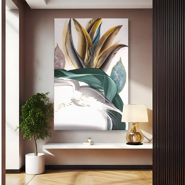 Tablou Canvas Premium LuxCanva® A1500, Green Leaf , Decorativ, Dormitor, Frunza, Pasari, Val, Living, Culori Vibrante