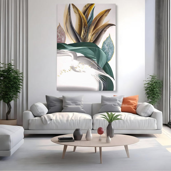 Tablou Canvas Premium LuxCanva® A1500, Green Leaf , Decorativ, Dormitor, Frunza, Pasari, Val, Living, Culori Vibrante