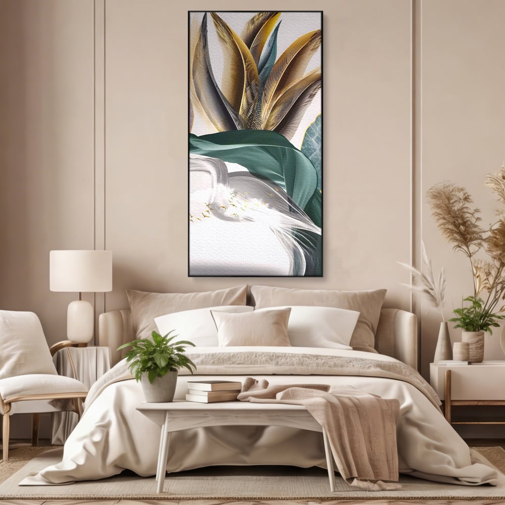Tablou Canvas Premium LuxCanva® A1500, Green Leaf , Decorativ, Dormitor, Frunza, Pasari, Val, Living, Culori Vibrante