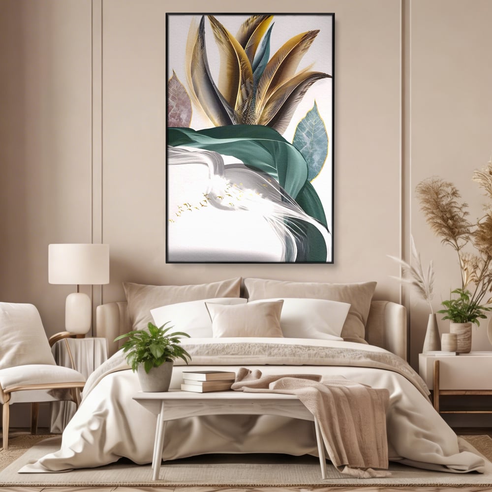 Tablou Canvas Premium LuxCanva® A1500, Green Leaf , Decorativ, Dormitor, Frunza, Pasari, Val, Living, Culori Vibrante
